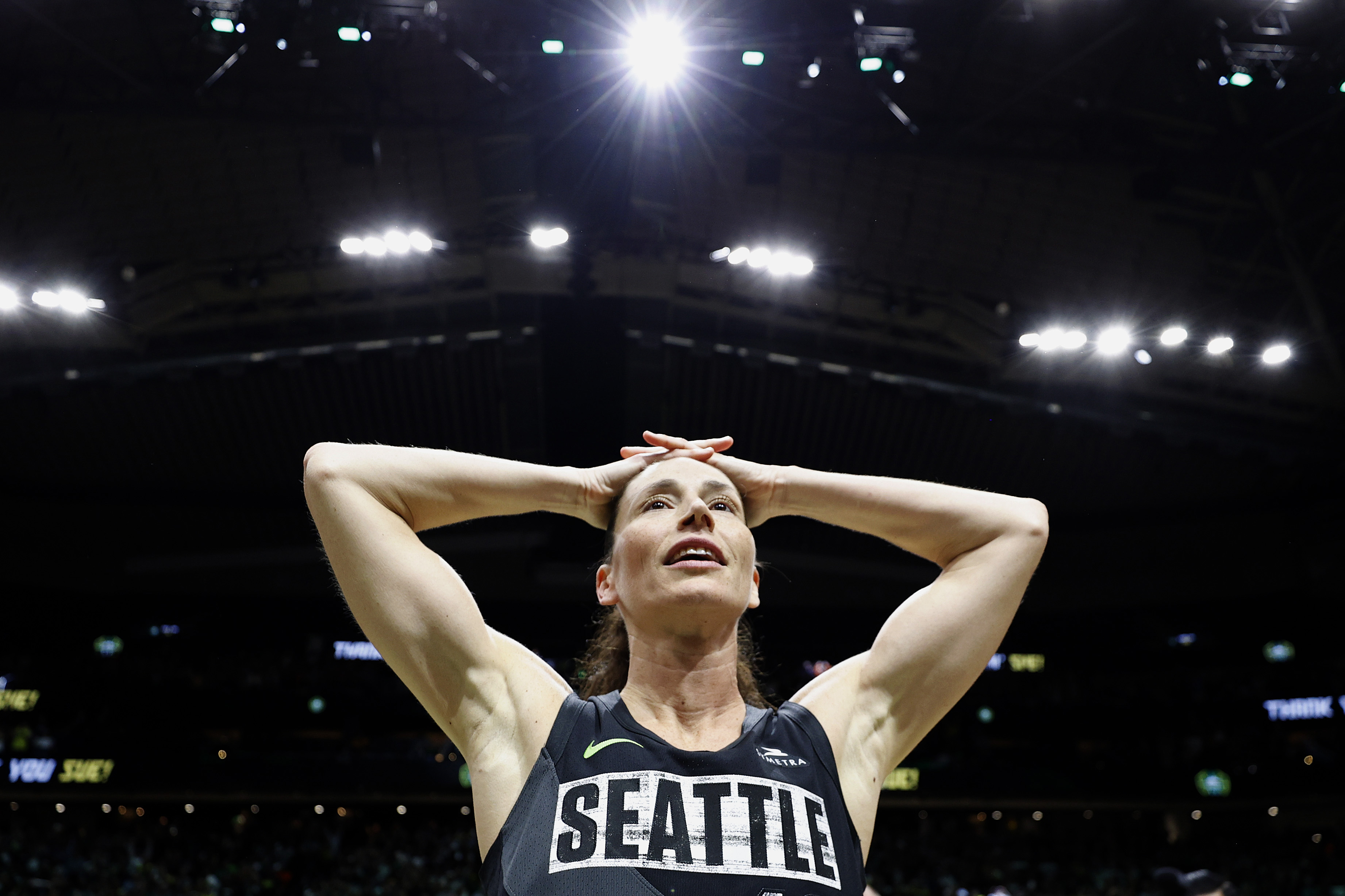 Sue Bird #10 of the Seattle Storm reacts after losing to the Las Vegas Aces 97-92 in her final game of her career during Game Four of the 2022 WNBA Playoffs semifinals at Climate Pledge Arena on September 06, 2022 in Seattle, Washington. 